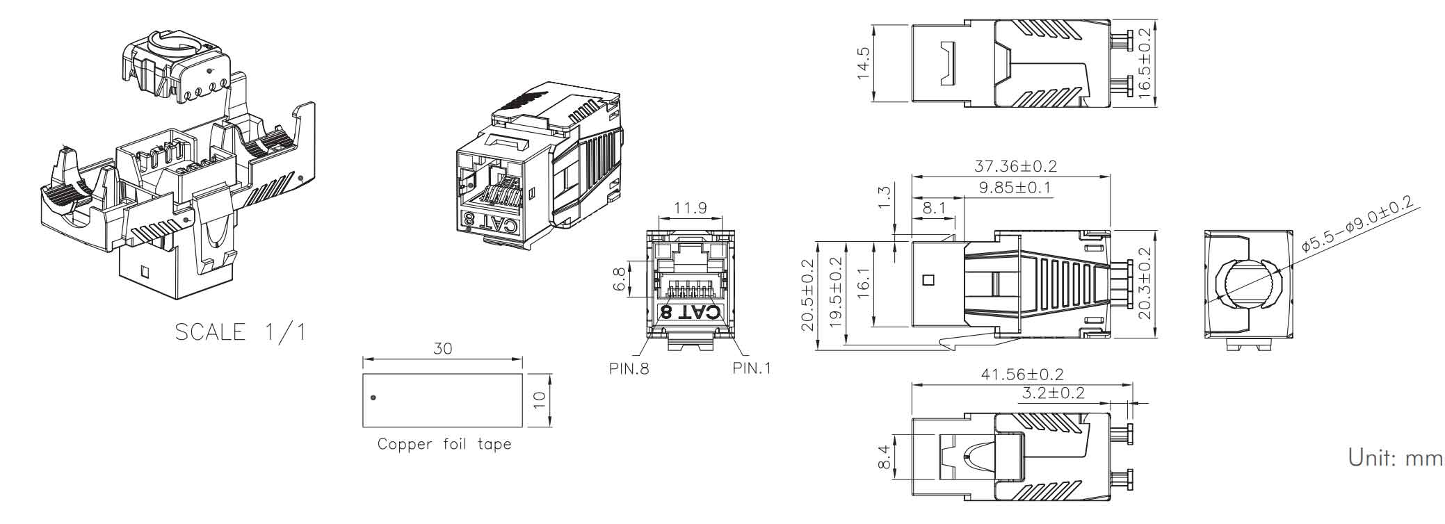 Kab24® KeyStone Jack CAT 8.1 2000MHz RJ45 Buchse SNAPIN GHMT