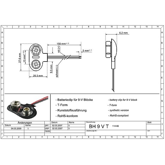 Bild 3 - Batterieclip f�r 9-V Bl�cke , T-Form Kunststoffausf�hrung