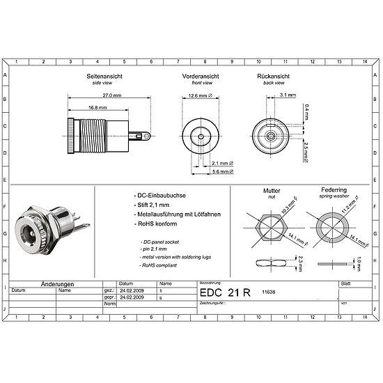 Bild 2 - DC-Einbaubuchse Stift 2,1 mm, 5,5mm Metallausf�hrung mit L�tfahnen