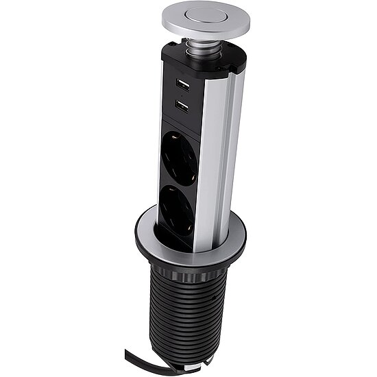 Bild 3 - Tisch-Einbausteckdose f�r Schreibtische und Arbeitsplatten 3x Steckdose 2x USB 2m Kabel