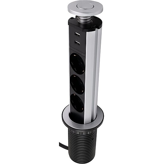 Bild 4 - Tisch-Einbausteckdose f�r Schreibtische und Arbeitsplatten 3x Steckdose 2x USB 2m Kabel