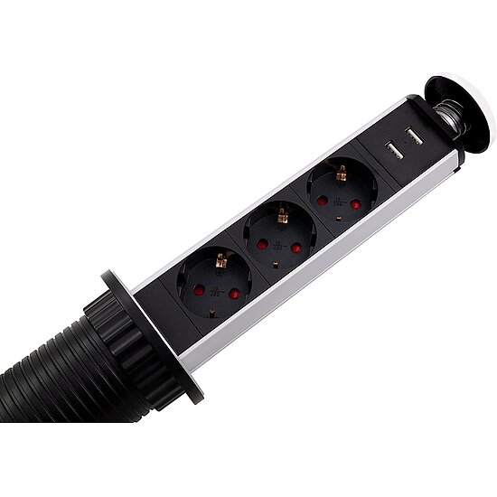 Bild 5 - Tisch-Einbausteckdose f�r Schreibtische und Arbeitsplatten 3x Steckdose 2x USB 2m Kabel