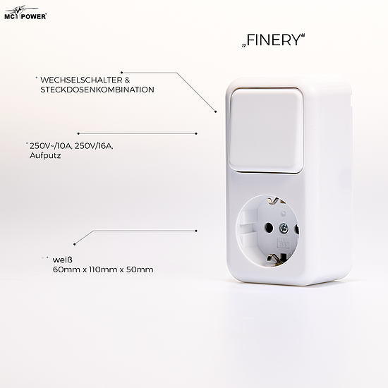 Bild 4 - Aufputz Kombination Schutzkontakt Steckdose mit Schalter Serie Finery 250V/16A IP20 wei