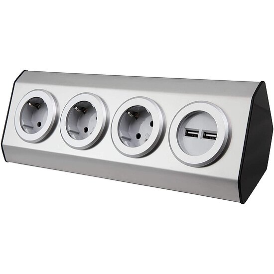 Bild 2 - Steckdosenblock PREMIUM 3-fach Schutzkontakt-Steckdose Aufbauversion inkl. 2 x USB ideal f�r Eckmontage Edelstahl und Kunststoff 15cm Kabel