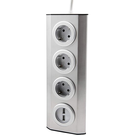 Bild 3 - Steckdosenblock PREMIUM 3-fach Schutzkontakt-Steckdose Aufbauversion inkl. 2 x USB ideal f�r Eckmontage Edelstahl und Kunststoff 15cm Kabel