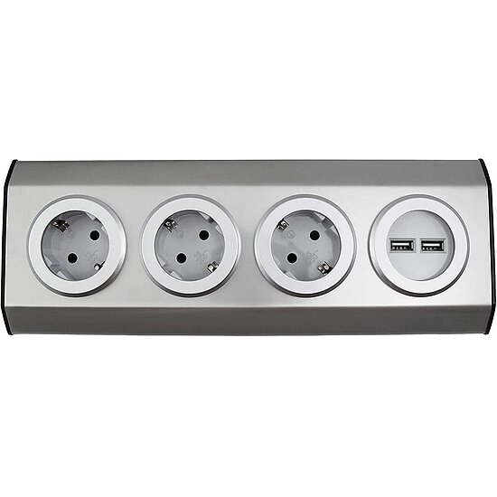 Bild 4 - Steckdosenblock PREMIUM 3-fach Schutzkontakt-Steckdose Aufbauversion inkl. 2 x USB ideal f�r Eckmontage Edelstahl und Kunststoff 15cm Kabel