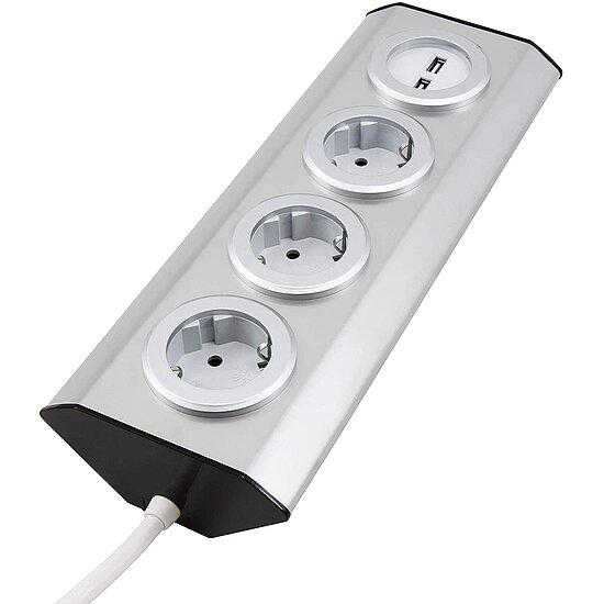 Bild 5 - Steckdosenblock PREMIUM 3-fach Schutzkontakt-Steckdose Aufbauversion inkl. 2 x USB ideal f�r Eckmontage Edelstahl und Kunststoff 15cm Kabel