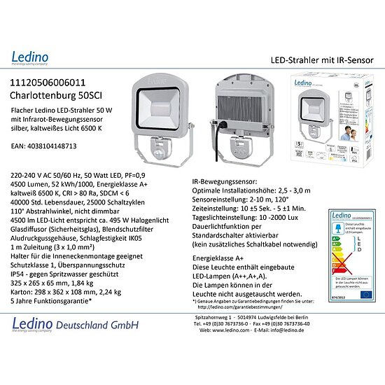 Bild 4 - Ledino LED-Flutlichtstrahler 50W mit Bewegungsmelder 4000 L 6500K IP 54 silber