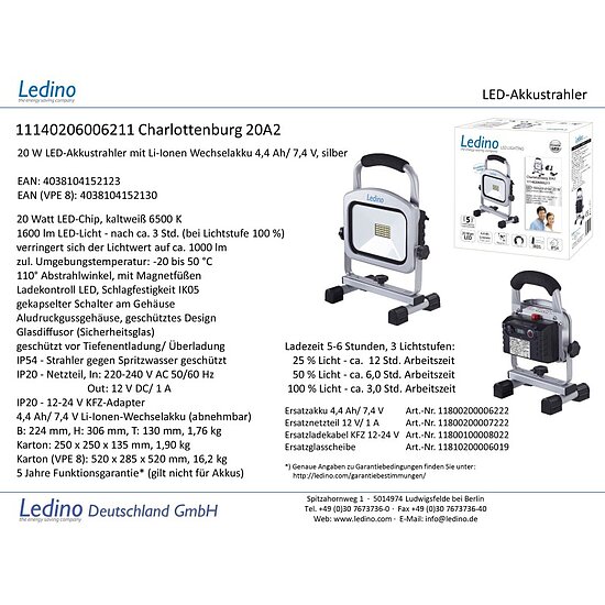 Bild 2 - Ledino LED-Akkustrahler 20W Hochleistungs LEDs Samsung Li-Ion Akku 4 Lichtstufen 1600 L 6000K silber IP54