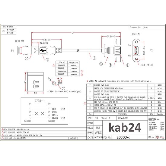Bild 2 - Kab24 USB 2.0 Verlngerungskabel 0,5m mit Befestigungsflansch