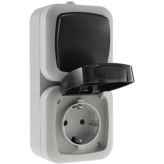 Bild 1 - Feuchtraum Kombi-Schalter/Steckdose,IP44 250V~/ 10/16A, grau, AP vertikal