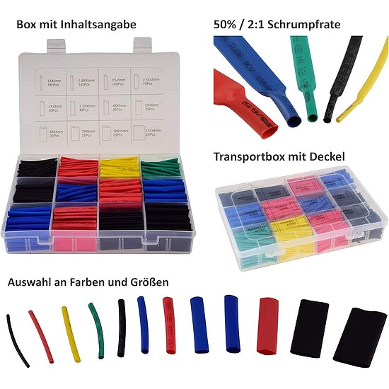 Bild 2 - Schrumpfschlauch-Sortiment 750-teilig 5 Farben Schrumpfrate 2:1 45mm lang 11 Gr��en Bunt