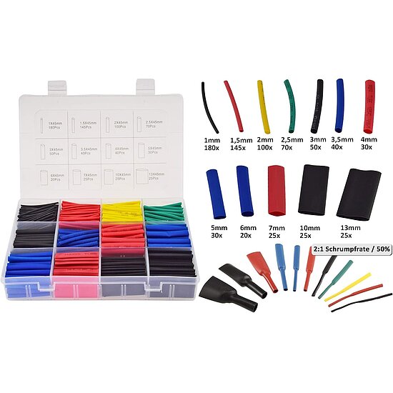 Bild 3 - Schrumpfschlauch-Sortiment 750-teilig 5 Farben Schrumpfrate 2:1 45mm lang 11 Gr��en Bunt