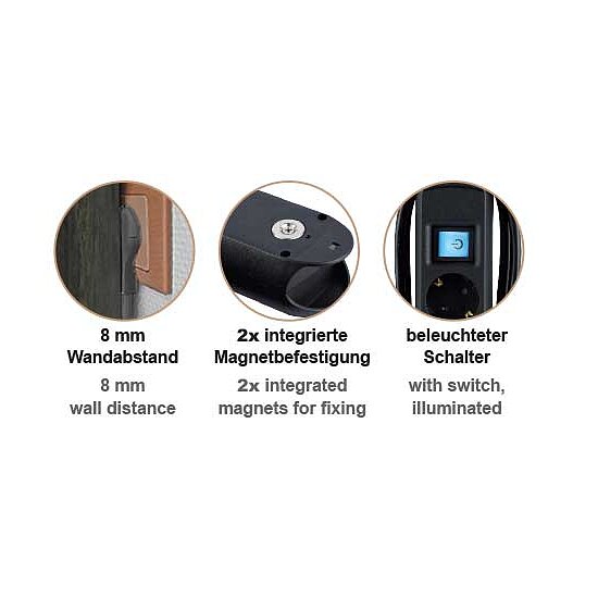 Bild 3 - 5-fach Steckdosenleiste weiss mit Schalter und Magnetfefestigung Flachstecker