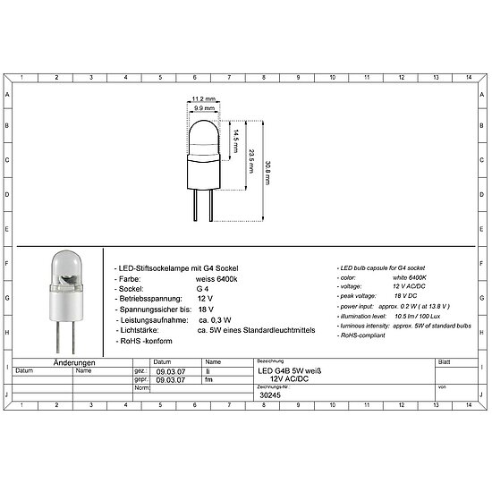 Bild 2 - LED G4B 5W weiss 12V AC/DC