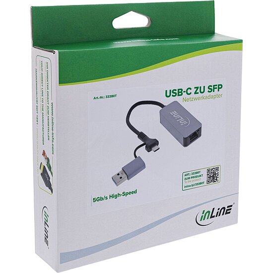 Bild 1 - InLine USB 3.2 zu 5 Gb/s Netzwerk-Adapter, USB-C+USB-A Adapter zu RJ45