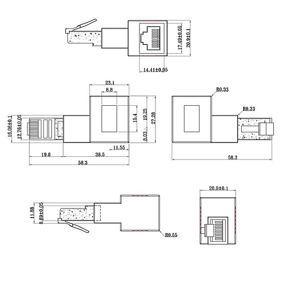 Bild 3 - Rj45 Winkeladapter geschirmt Patchkabel Adapter Cat.6A RJ45 Stecker auf Buchse 90� rechts gewinkelt