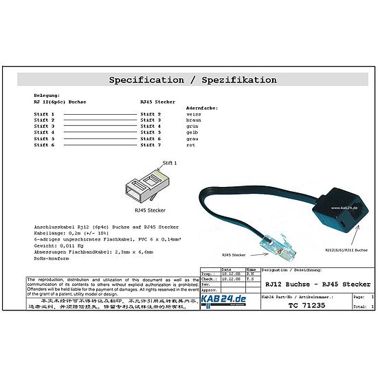 Bild 2 - Kab24� Adapter Reduzierst�ck Western RJ12(6p6c) / RJ11 Buchse auf RJ45 Stecker