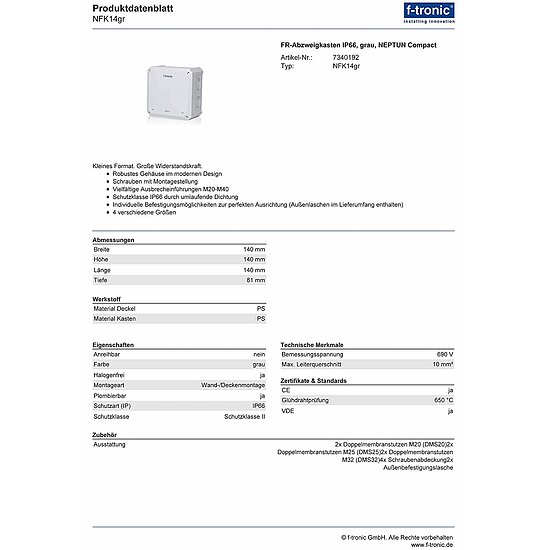 Bild 3 - f-tronic NFK14gr FR-Abzweigkasten IP66, grau, NEPTUN Compact 140 x 140 x 81mm