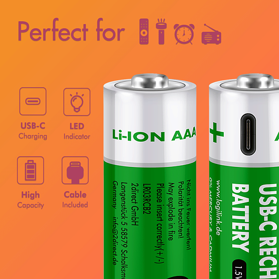 Bild 2 - AAA 1.5 V Li-Ion-Akkus, 550 mAh/825 mWh, integrierter USB-C-Port, wiederaufladbar, 2 Stk.
