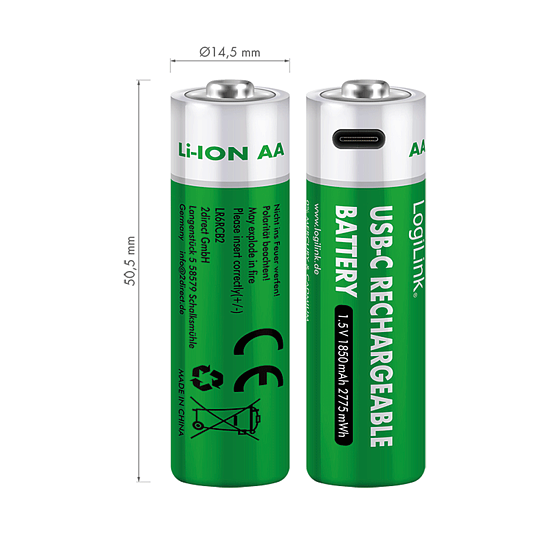 Bild 3 - AA 1.5 V Li-Ion-Akkus, 1850 mAh/2775 mWh, integrierter USB-C-Port, wiederaufladbar, 2 Stk.