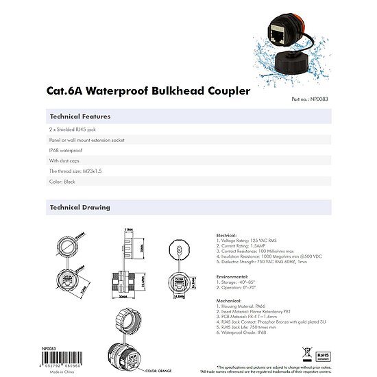 Bild 5 - Cat6a Netzwerk Einbaubuchse Rj45 IP68 short type