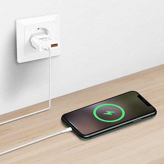 Bild 3 - Dual-USB-C Steckdosenadapter, 30 W, GaN, extra schmal, 1x USB-C (PD), 1x USB-A (QC), Wei