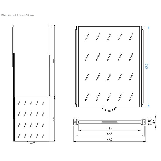 Bild 5 - 19 Zoll ausziehbarer Fachboden 1HE schwarz 550mm f�r Strebenabstand von 54-95cm