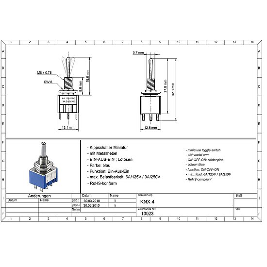 Bild 2 - Miniatur Kippschalter 2 x Wechselschalter mit Mittelstellung Ltsen