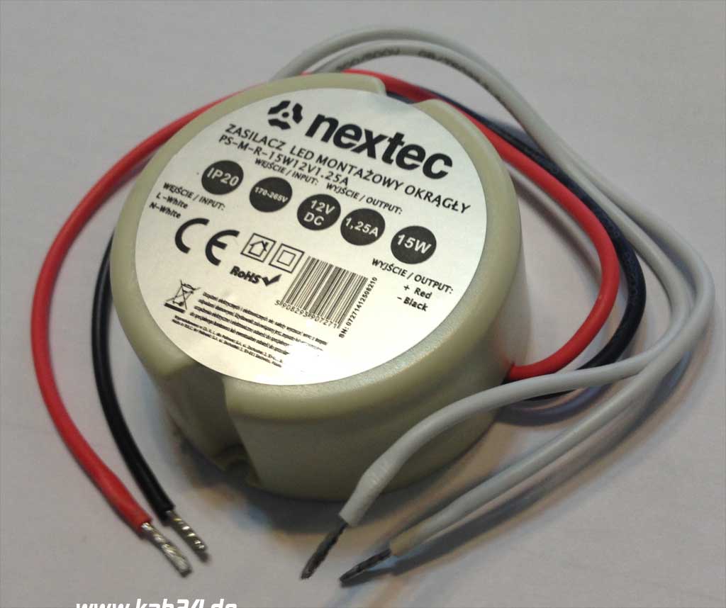 Nextec LED Netzteil / LED Trafo 12V DC (Gleichstrom)1,25A (15W) rund für  Unterputzmontage (Strom & Licht) 