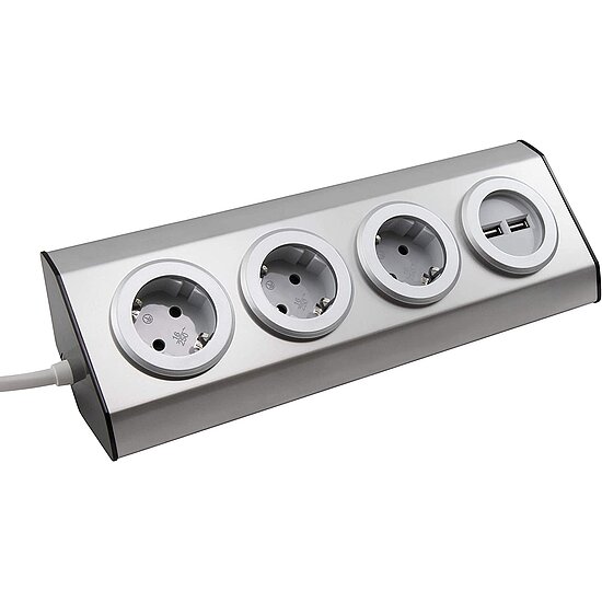 Bild 1 - Steckdosenblock PREMIUM 3-fach Schutzkontakt-Steckdose Aufbauversion inkl. 2 x USB ideal f�r Eckmontage Edelstahl und Kunststoff 15cm Kabel