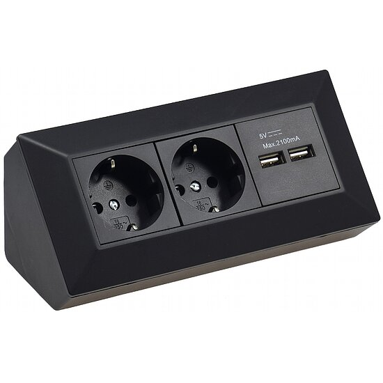Bild 1 - 2-fach Steckdosenblock + 2x USB schwarz Aufbaumontage