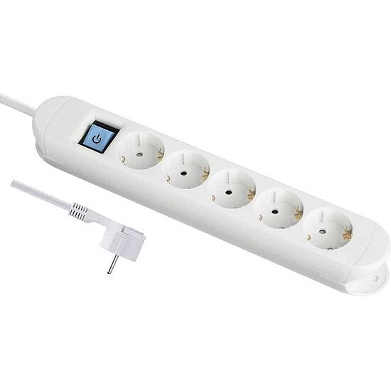 Bild 1 - 5-fach Steckdosenleiste weiss mit Schalter und Magnetfefestigung Flachstecker