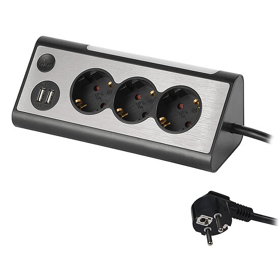 Bild 1 - Steckdosenblock Unterbausteckdosen Tischsteckdose 4-fach Aluminium Schutzkontaktsteckdosen mit 15cm Kabel