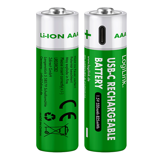 Bild 1 - AAA 1.5 V Li-Ion-Akkus, 550 mAh/825 mWh, integrierter USB-C-Port, wiederaufladbar, 2 Stk.