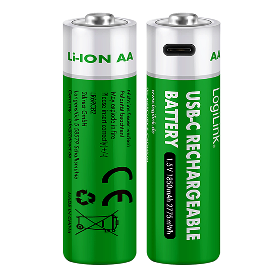 Bild 1 - AA 1.5 V Li-Ion-Akkus, 1850 mAh/2775 mWh, integrierter USB-C-Port, wiederaufladbar, 2 Stk.