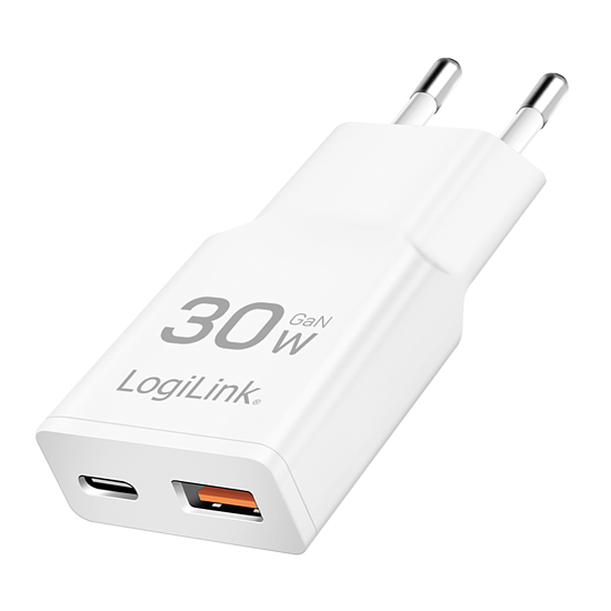 Bild 1 - Dual-USB-C Steckdosenadapter, 30 W, GaN, extra schmal, 1x USB-C (PD), 1x USB-A (QC), Wei