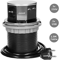 Einbau Tischsteckdosenleiste versenkbar mit 3 Schutzkontaktbuchsen und 2 USB Buchsen Edelstahlabdeckung