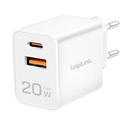 Dual-USB-Steckdosenadapter, 20 W, GaN, 1x USB-C (PD), 1x USB-A, Wei�